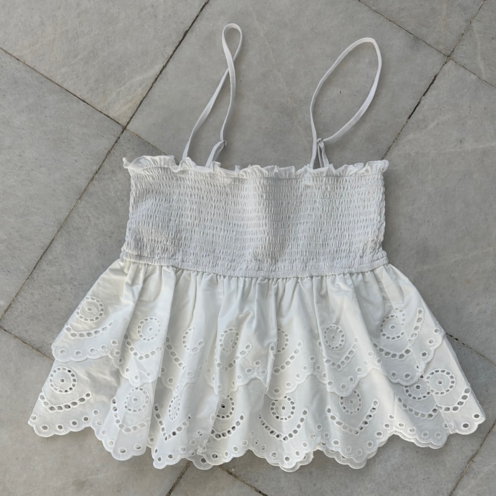 Stradivarius White Embroidered Ruffled Top